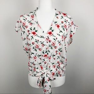 Triple Seven Button Up Front Tie Floral Blouse Large Cap Sleeves